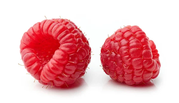 Two Fresh Red Raspberries Macro Isolated White Background — Stock Photo, Image