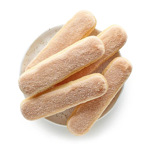 Tallrik Med Ladyfinger Cookies Isolerad Vit Bakgrund Ovanifrån — Stockfoto