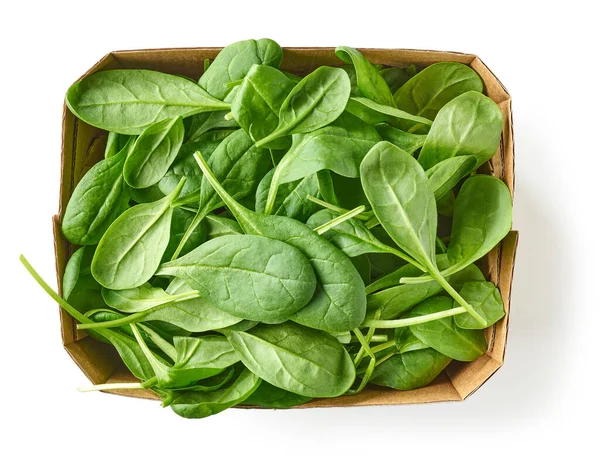 Fresh Green Spinach Leaves Cardboard Container Isolated White Background Top — Stock Photo, Image