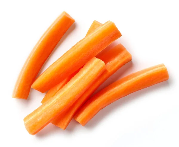 Свіжі Сирі Морквяні Палички Ізольовані Білому Тлі Вид Зверху — стокове фото