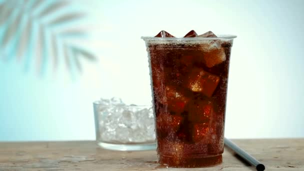 Fresh Brown Cola Soft Drink Plastic Take Away Cup Ice — Stock Video