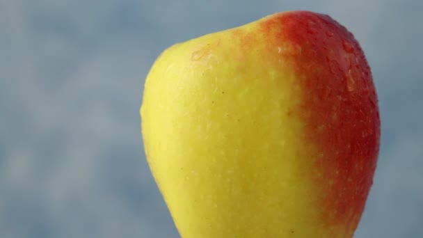 Close up de fruta fresca madura rotativa de maçã com gotas de água — Vídeo de Stock