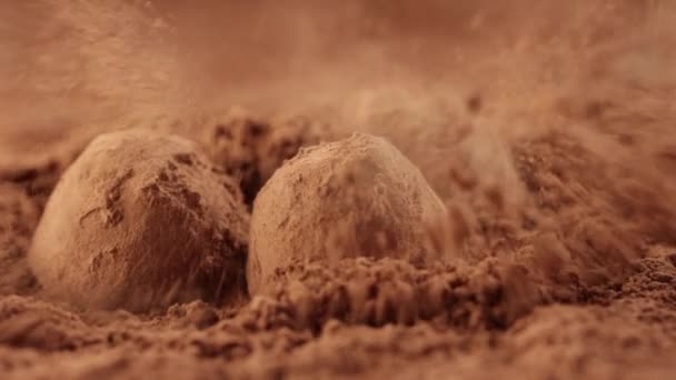 De chocolade truffel valt in het cacaopoeder en vormt een explosie close-up slow motion macro zoom in — Stockvideo