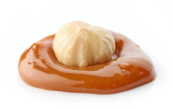 Whole Hazelnut Melted Caramel Drop Macro Isolated White Background — Stock Photo, Image