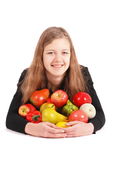 Chica sosteniendo frutas frescas — Foto de Stock