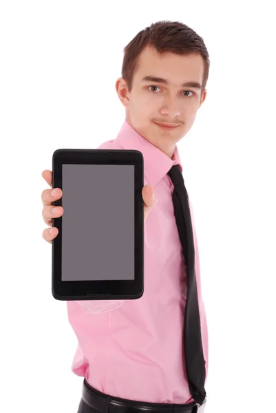 Garçon en costume noir tenir une tablette PC — Photo