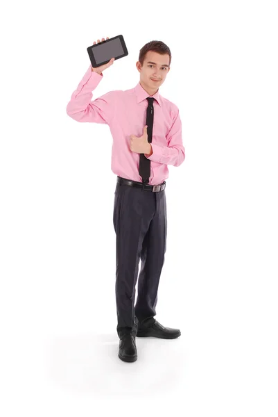 Chłopiec w czarnym garniturze trzymać tablet Pc — Zdjęcie stockowe