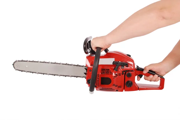 Showing how to work with chainsaw — Stock Photo, Image
