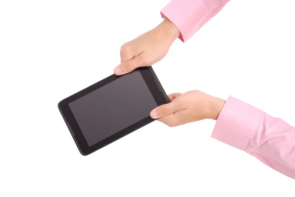 Человек держит обе руки планшетный компьютер — стоковое фото