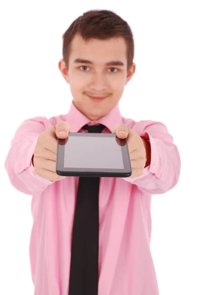 Niño con una camisa rosa sostener una tableta PC —  Fotos de Stock