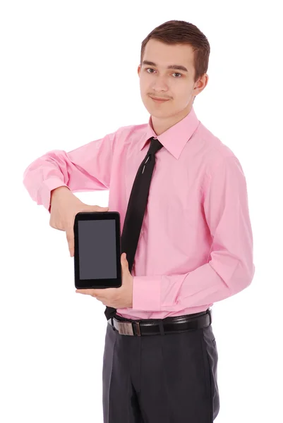 Niño en un traje negro sostener una tableta PC — Foto de Stock