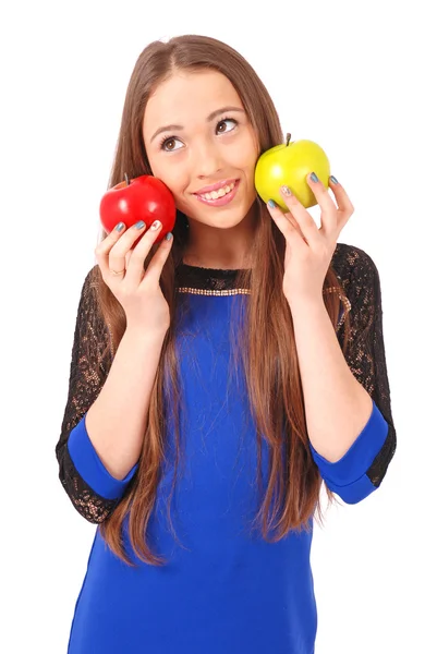 Joven chica sostiene cerca de la cara manzanas —  Fotos de Stock