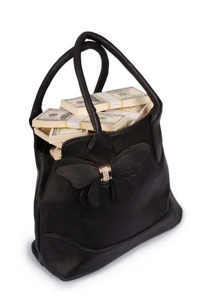 Black handbag full of money (Clipping path) — Stock Photo, Image