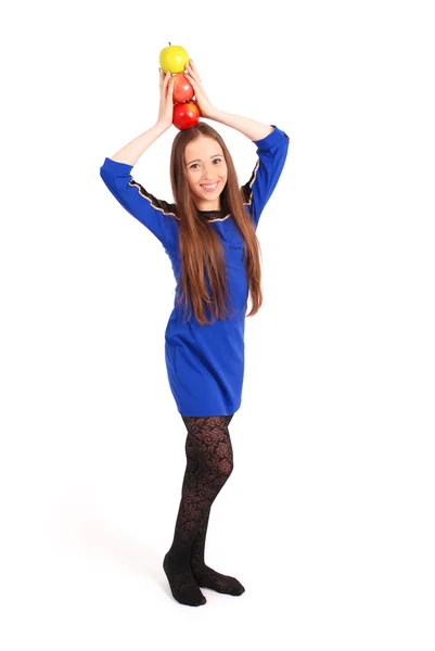 Young girl holds an three apples on her head — Stock Photo, Image