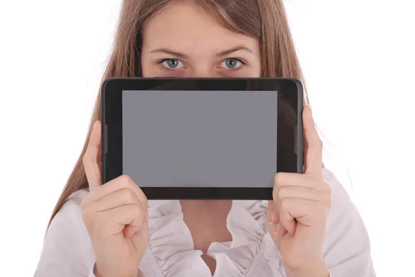 Mujer joven sosteniendo tableta digital —  Fotos de Stock
