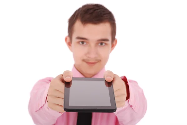 Boy in a pink shirt hold a tablet PC — Stock Photo, Image