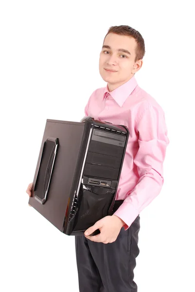 Młody mężczyzna, trzymając komputer białe tło z miękkich cieni. — Zdjęcie stockowe