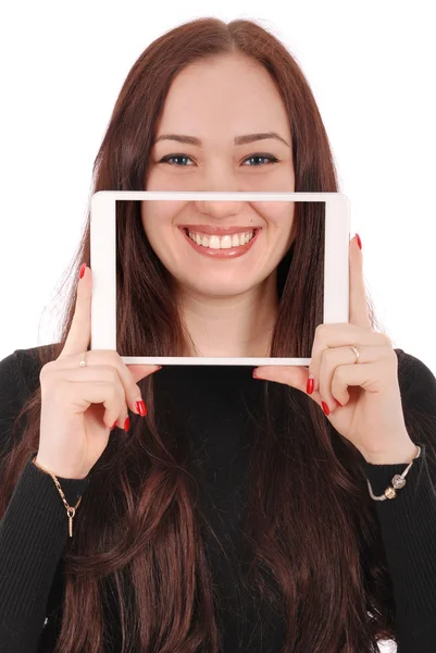 Mädchen mit digitalem Tablet macht lustiges Selfie — Stockfoto