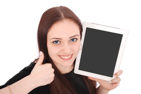 Feliz estudiante adolescente con tableta PC. Sentados de lado y —  Fotos de Stock