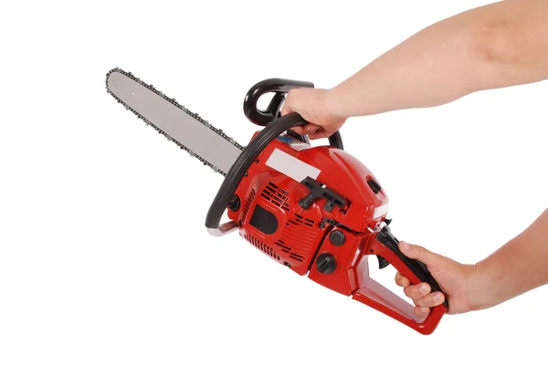 Showing how to work with chainsaw — Stock Photo, Image