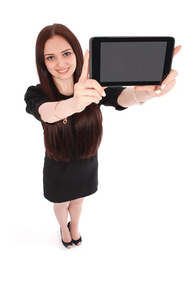 Mutlu öğrenci genç kız görünümünden yukarıdaki ve bir tablet gösterilen — Stok fotoğraf