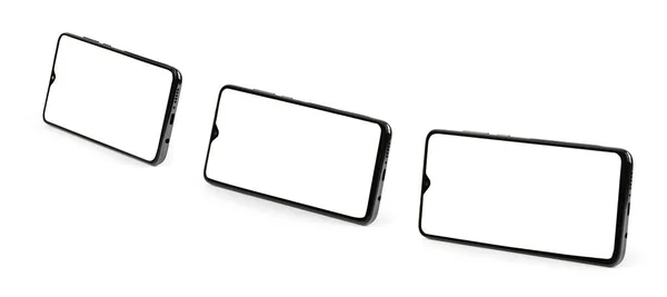 Три Чорні Мобільні Смартфони Білим Екраном Ізольовані Білому Тлі Фотографія — стокове фото