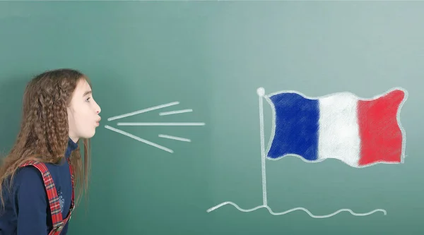 Niña Preadolescente Soplando Pizarra Escuela Dibujada Bandera Francia Foto Alta —  Fotos de Stock