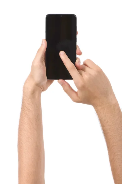 Mann Hält Schwarzes Smartphone Mit Leerem Bildschirm Der Hand Isoliert — Stockfoto