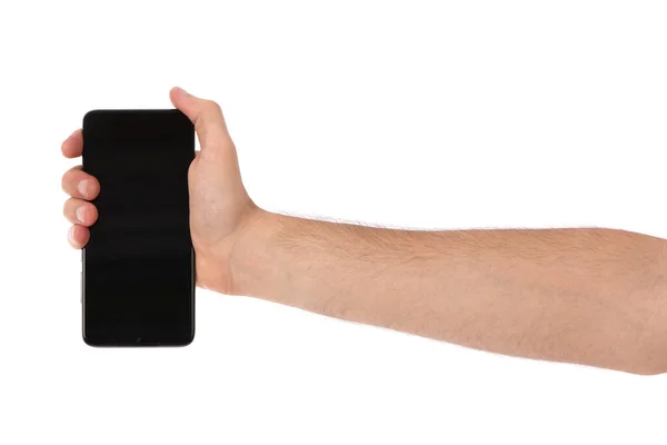 Mann Hält Schwarzes Smartphone Mit Leerem Bildschirm Der Hand Isoliert — Stockfoto
