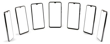 Beyaz ekranlı siyah cep telefonları. Beyaz arka planda izole edilmiş. Yüksek çözünürlüklü. Tam alan derinliği. Bir modelin akıllı telefonunu çevirme konsepti.