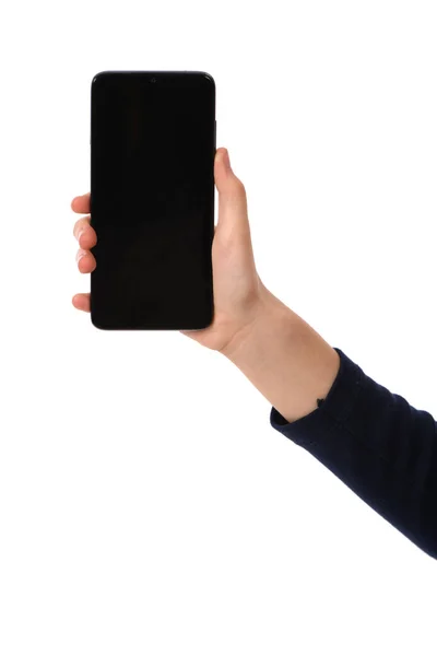 Mann Hält Das Schwarze Smartphone Mit Leerem Bildschirm Waagerecht Isoliert — Stockfoto