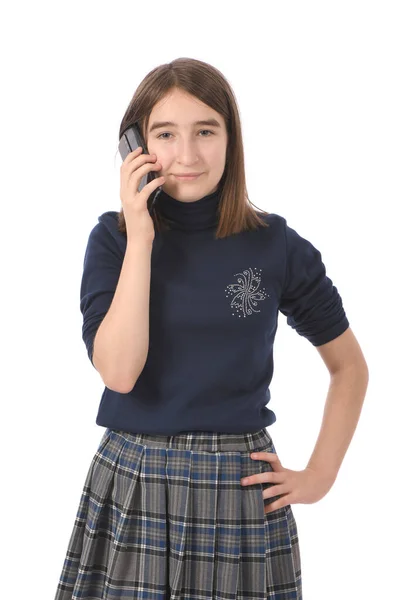 Ragazza Pre Adolescente Chiamato Smartphone Nero Isolato Sfondo Bianco Foto — Foto Stock
