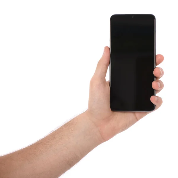 Mano Hombre Sosteniendo Teléfono Inteligente Negro Con Pantalla Blanco Aislado —  Fotos de Stock