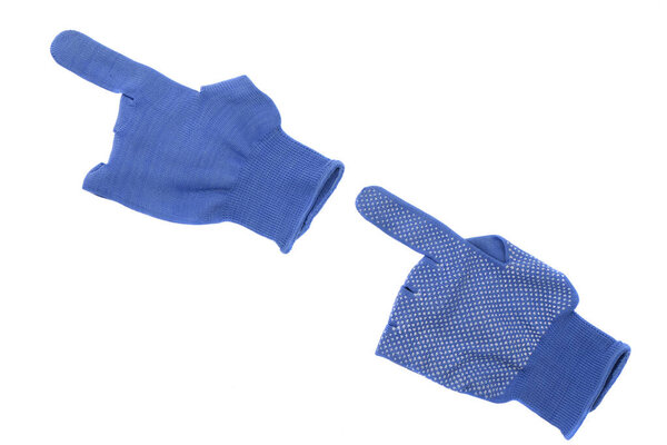 Blue work gloves shows the index finger sign isolated on white background. Top view. High resolution photo. Full depth of field.