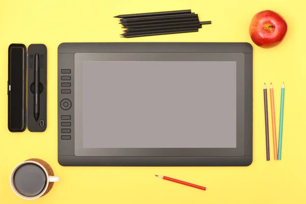 Stylus Monitor Gráfico Luva Tabela Cores Amarelas Computador Tablet Preto — Fotografia de Stock