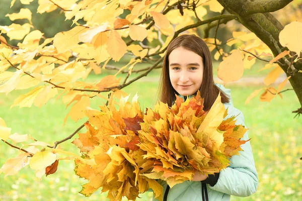 Vorpubertierendes Mädchen Hält Einen Strauß Herbstblätter Der Hand Warmer Herbsttag — Stockfoto