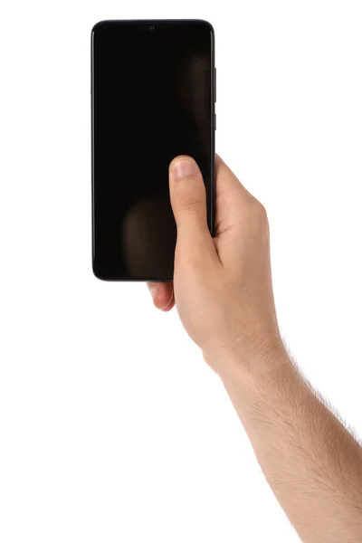 Man Hand Houden Van Zwarte Smartphone Met Leeg Scherm Geïsoleerd — Stockfoto