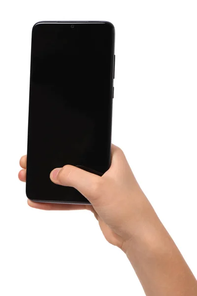 Man Hand Houdt Horizontaal Zwarte Smartphone Met Leeg Scherm Geïsoleerd — Stockfoto