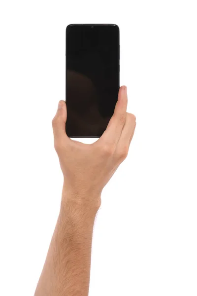 Mão Homem Segurando Smartphone Preto Com Tela Branco Isolado Fundo — Fotografia de Stock