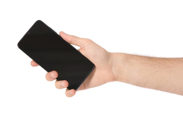 Man Hand Houden Van Zwarte Smartphone Met Leeg Scherm Geïsoleerd — Stockfoto