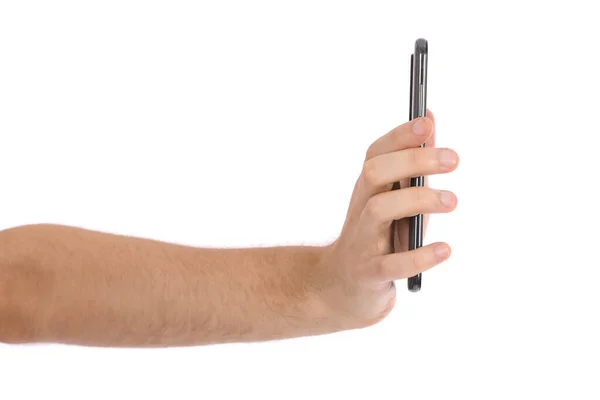 Mężczyzna Trzyma Czarny Smartfon Pustym Ekranem Izolowany Białym Tle Zdjęcie — Zdjęcie stockowe
