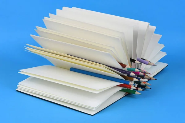 Side View Workplace Pencils Sheets Notebook Blue Background High Resolution — Stock Photo, Image