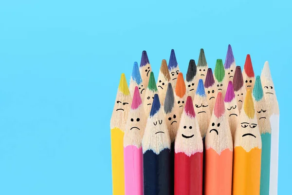 Bright Smiling Pencil Big Set Colored Sad Pencils Close Macro — Stock Photo, Image