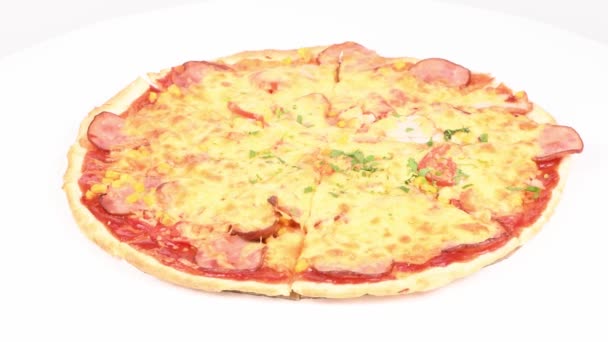 Вкусная Итальянская Пицца Белом Петля Движения Вид Сбоку Вращение 360 — стоковое видео