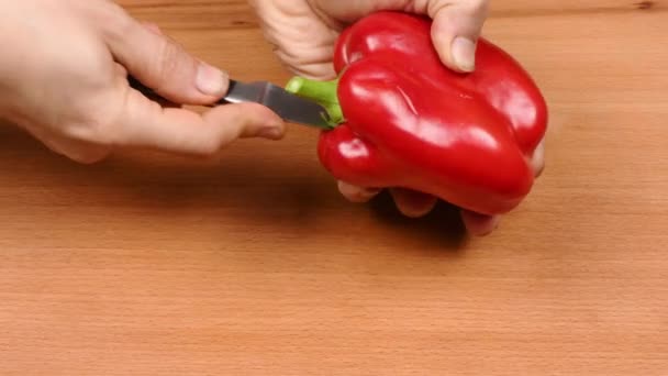板の上で甘いピーマンをスライス 鋭いナイフで赤唐辛子をみじん切り 健康食品の概念 サラダ用野菜の準備 Uhdビデオ映像3840X2160 — ストック動画
