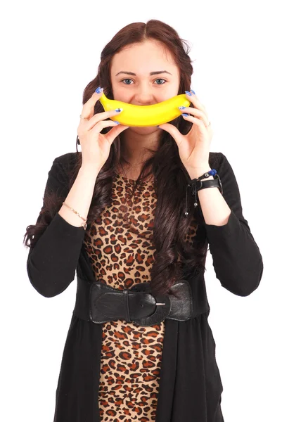 十几岁的女孩与香蕉的微笑 — 图库照片