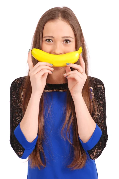 Menina criança com sorriso de banana — Fotografia de Stock