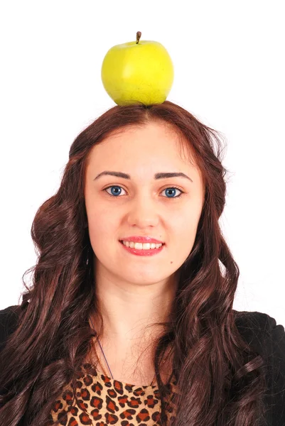 Girl-teenager keeps on head a apple — Stock Photo, Image