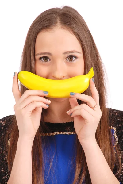 Menina criança com sorriso de banana — Fotografia de Stock