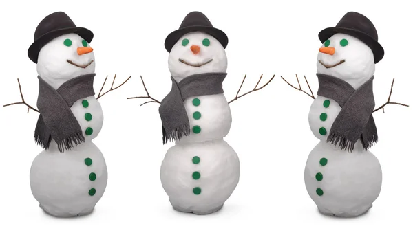 Three white snowman whith scarf and felt hat — Stockfoto